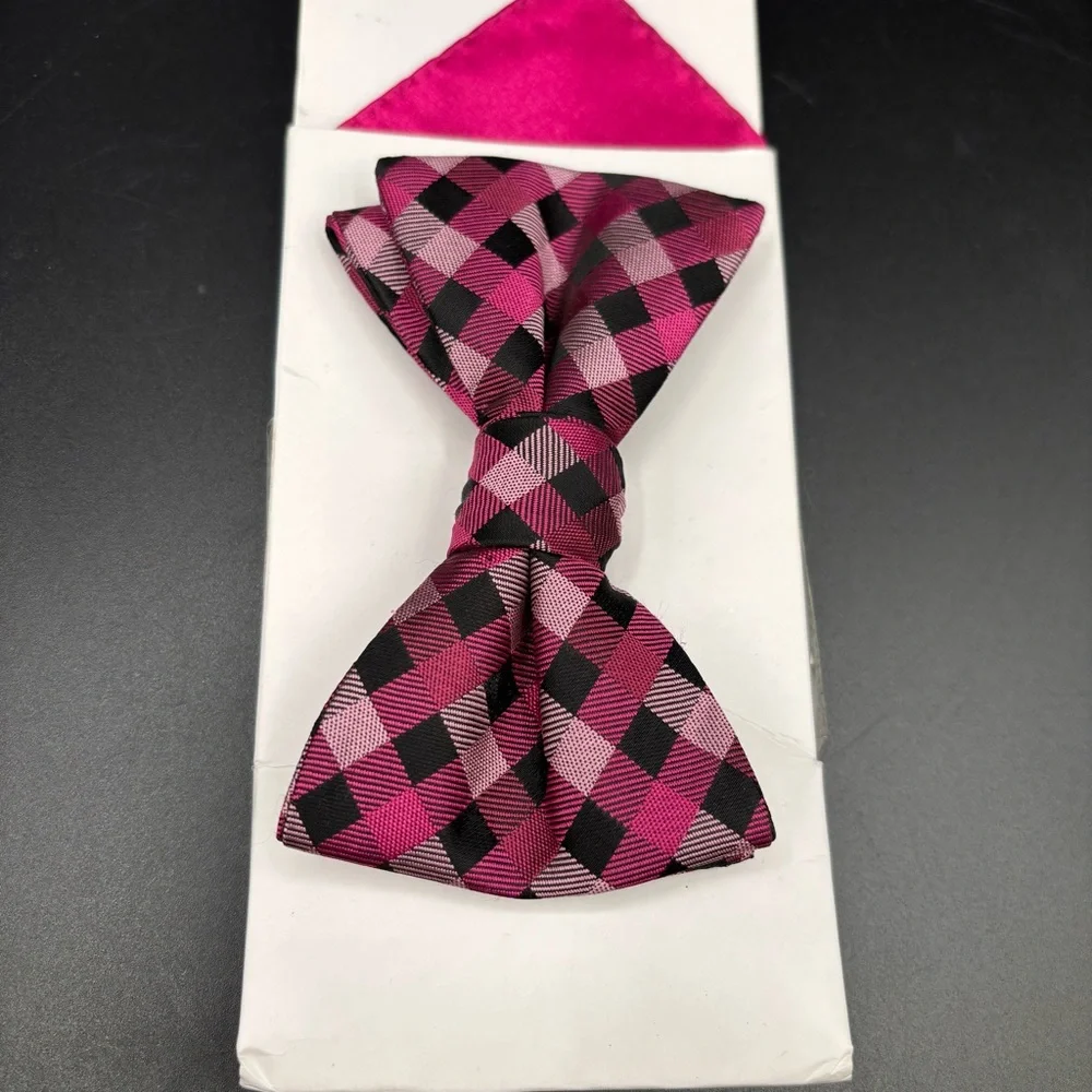 NWT Alfani Spectrum Men’s Bow Tie + Pocket‎ Square Pink Black Gable Gingham